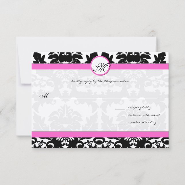 Pink & Black Damask on Silver Metallic Wedding RSVP Card (Front)