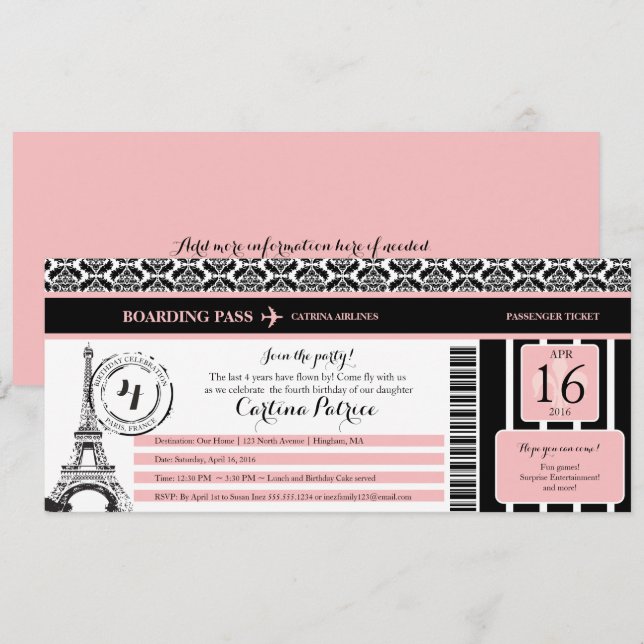 Pink Black Damask Paris Birthday Boarding Pass Invitation (Front/Back)