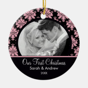 Pink & Black Damask Photo First Christmas Ornament
