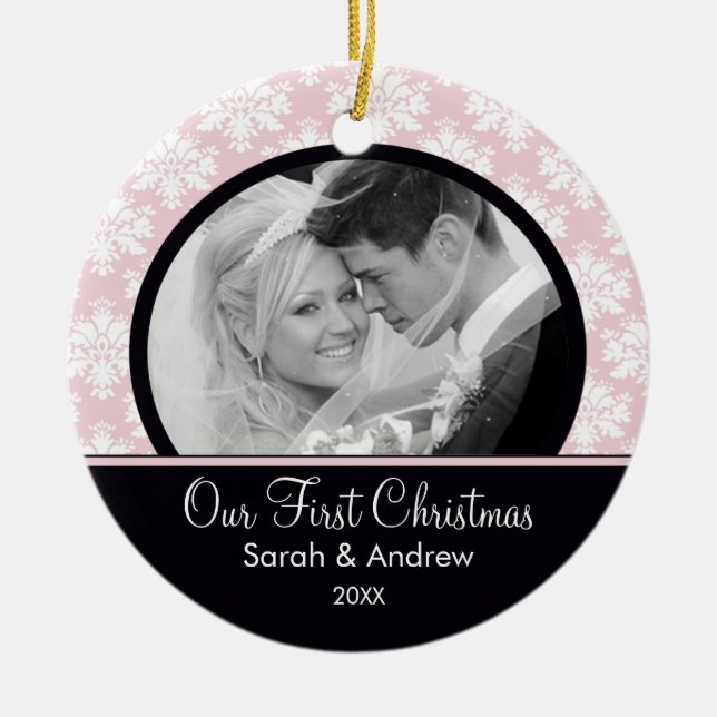 Pink & Black Damask Photo First Christmas Ornament (Front)