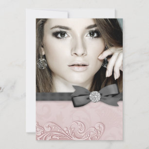 Pink Black Damask Photo Graduation Announcements
