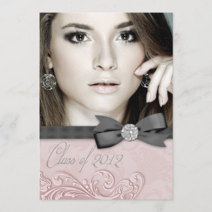 Pink Black Damask Photo Graduation Announcements