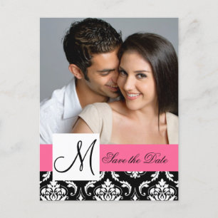 Pink, Black Damask Photo Save the Date Postcard