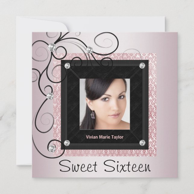Pink Black Damask Photo Sweet 16 Party Invitation (Front)
