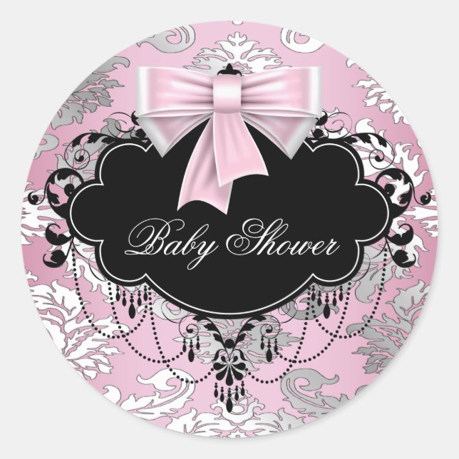 Pink Black Damask Pink Black Baby Shower Sticker (Front)
