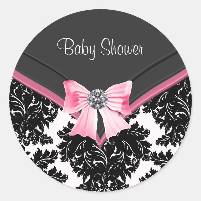 Pink Black Damask Pink Black Baby Shower Sticker (Front)