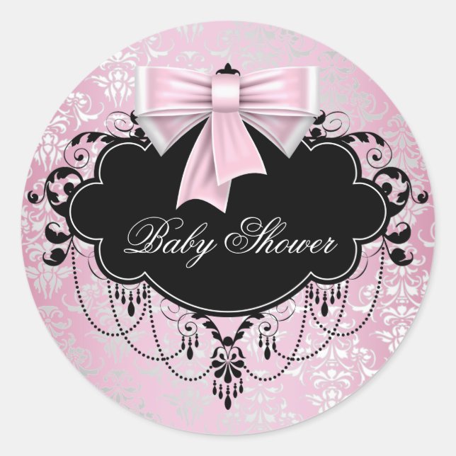 Pink Black Damask Pink Black Baby Shower Sticker (Front)