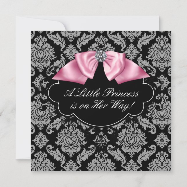Pink Black Damask Princess Baby Girl Shower Invitation (Front)
