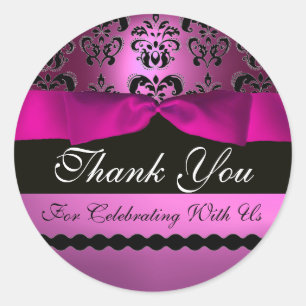 PINK BLACK DAMASK RIBBON MONOGRAM Purple Violet Classic Round Sticker