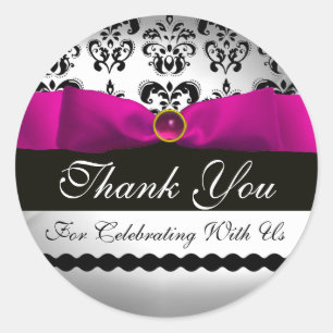 PINK BLACK DAMASK RIBBON MONOGRAM Purple Violet Classic Round Sticker