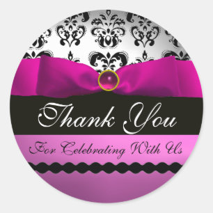 PINK BLACK DAMASK RIBBON MONOGRAM Purple Violet Classic Round Sticker