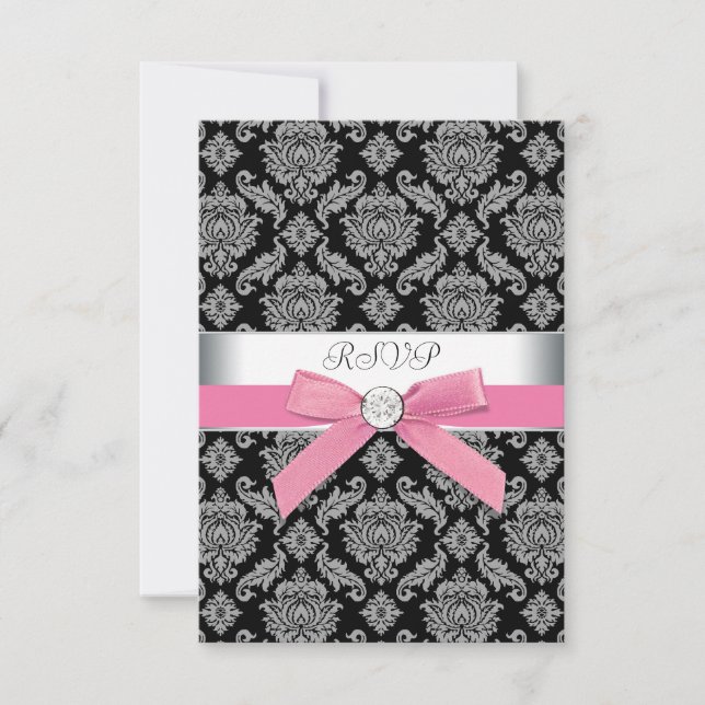 Pink Black Damask RSVP (Front)