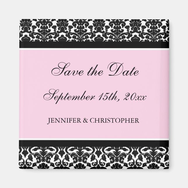 Pink Black Damask Save the Date Magnet (Front)