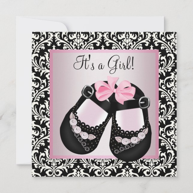 Pink Black Damask Shoes Baby Girl Shower Invitation (Front)