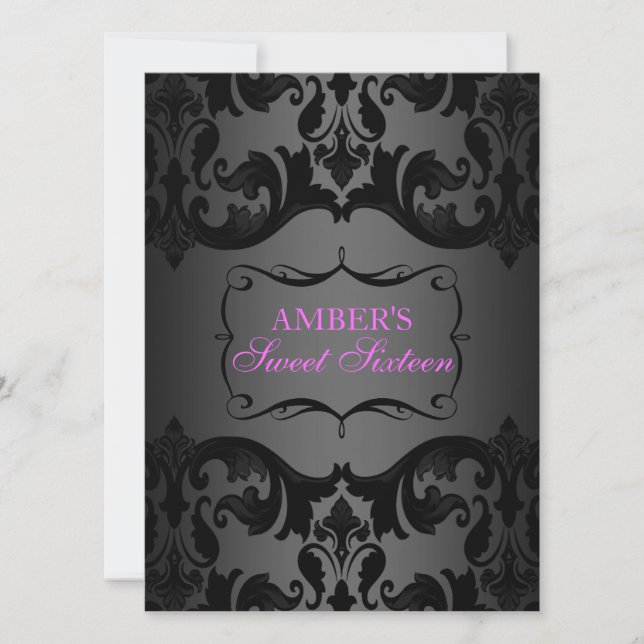 Pink & Black Damask Sweet 16 Birthday Invite (Front)