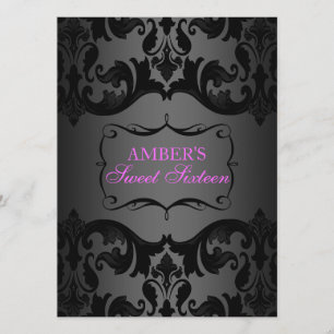 Pink & Black Damask Sweet 16 Birthday Invite