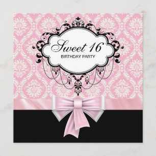 Pink Black Damask Sweet 16 Birthday Party Invitation