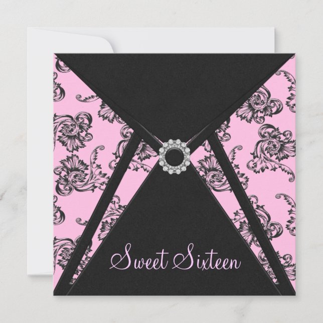 Pink Black Damask Sweet 16 Party Invitation (Front)