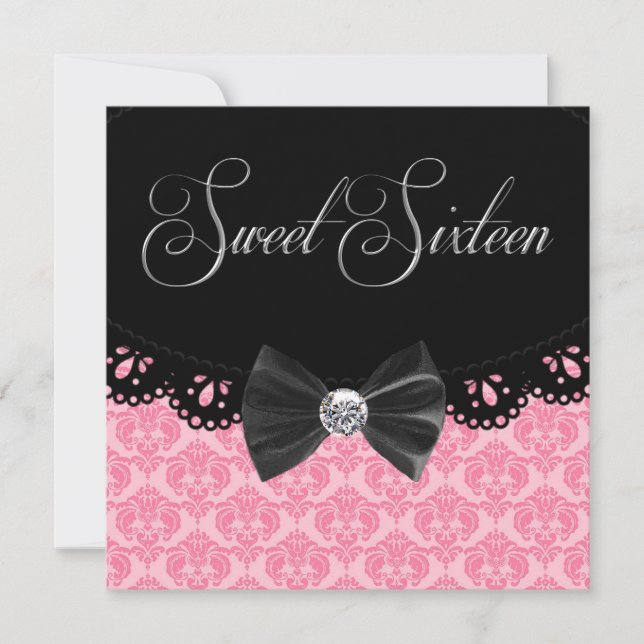 Pink Black Damask Sweet Sixteen Birthday Party Invitation (Front)