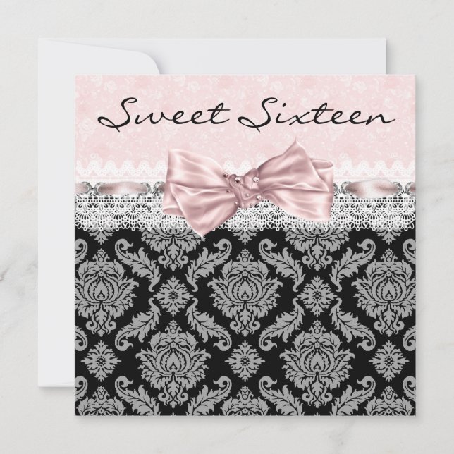 Pink Black Damask Sweet Sixteen Birthday Party Invitation (Front)
