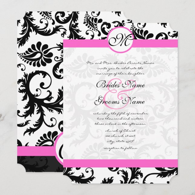 Pink & Black Damask Swirls Wedding Invitation (Front/Back)