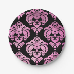 Pink & Black Damask Vintage Wedding Event Party Paper Plate