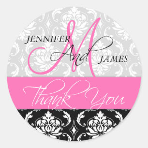 Pink Black Damask Wedding Favour Thank You Sticker