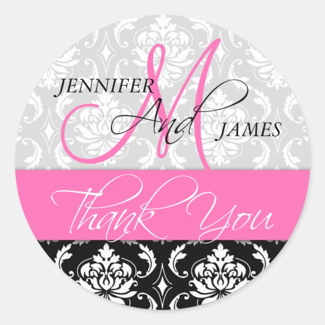 Pink Black Damask Wedding Favour Thank You Sticker (Front)