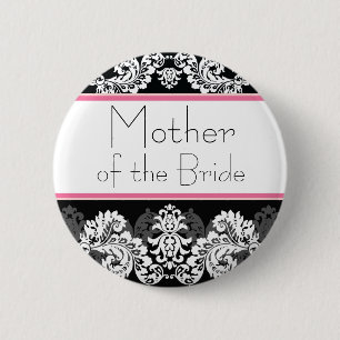 Pink & Black Damask Wedding Party Button