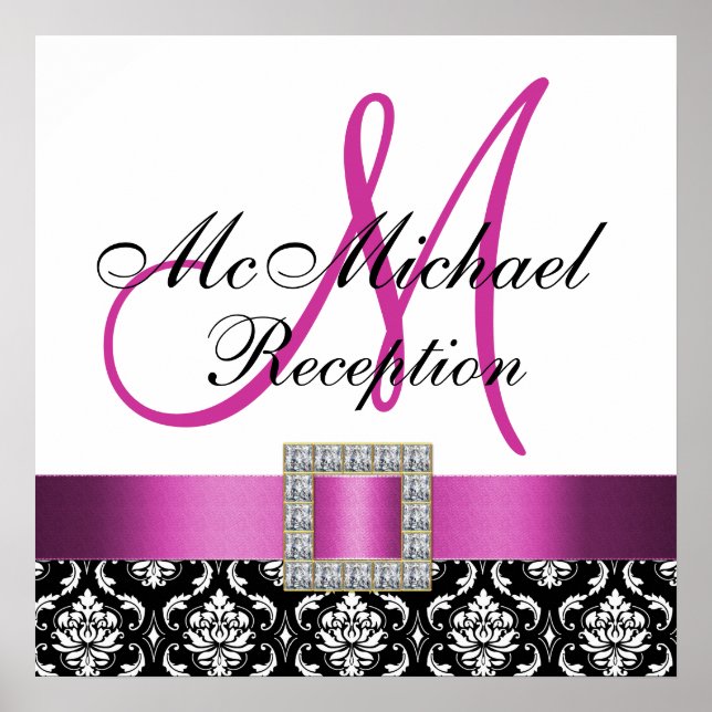 Pink Black Damask Wedding Reception Sign (Front)