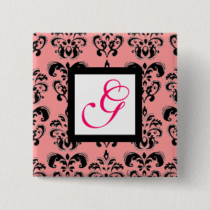 PINK BLACK DAMASK WHITE SQUARE MONOGRAM Fuchsia 15 Cm Square Badge