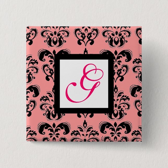 PINK BLACK DAMASK WHITE SQUARE MONOGRAM Fuchsia 15 Cm Square Badge (Front)