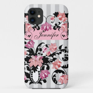 Pink & Black Damasks with Name on soft Stripes iPhone 11 Case