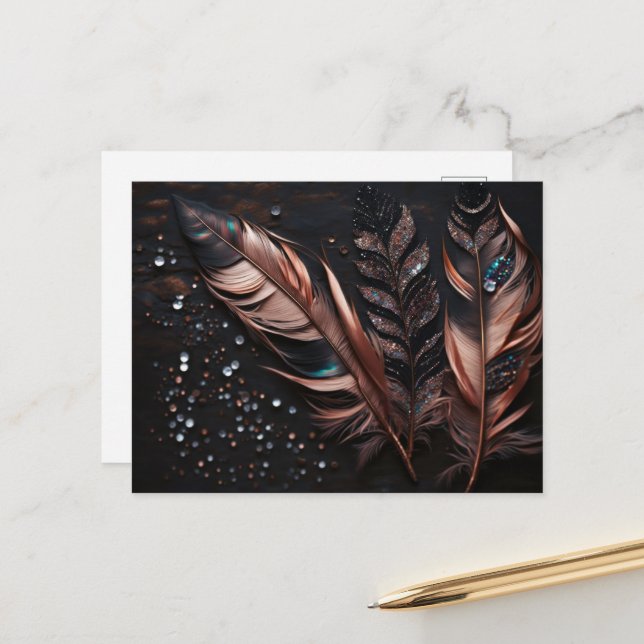Pink & Black Decorative Feathers & Rhinestones Postcard (Front/Back In Situ)