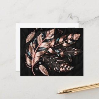 Pink & Black Decorative Feathers with Crystals Postcard
