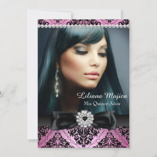 Pink Black Diamond Bow & Damask Quinceanera Invitation