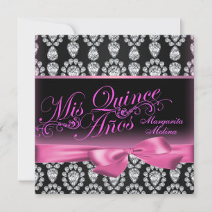 Pink/Black Diamond & Bow Quinceanera Invitation