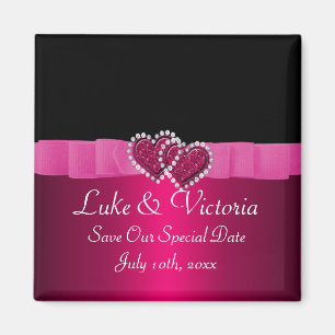 Pink & Black Diamond Locking Hearts Wedding Magnet
