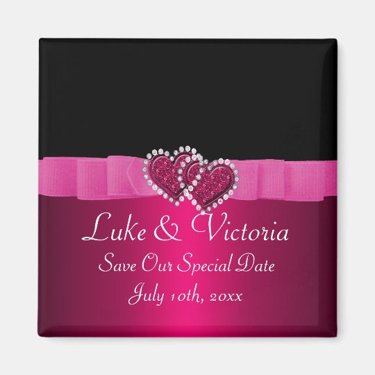Pink & Black Diamond Locking Hearts Wedding Square Magnet
