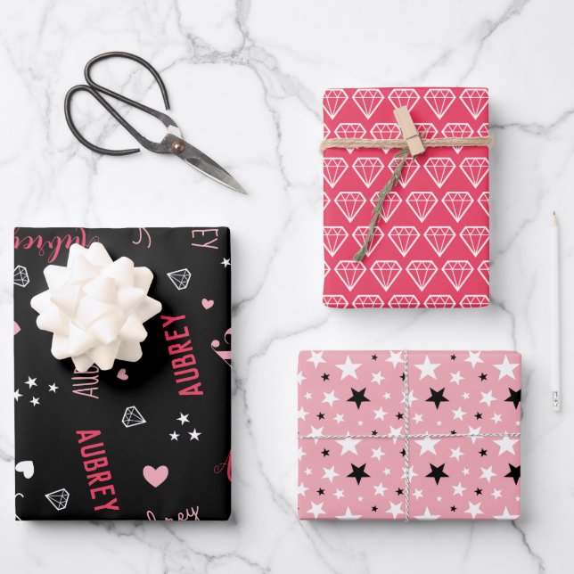 Pink Black Diamonds Hearts Stars Add Name Wrapping Paper Sheet (Front)