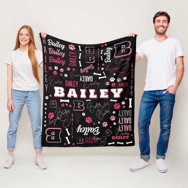 Pink Black Dog Name Initial Word Art Pattern  Fleece Blanket (In Situ)