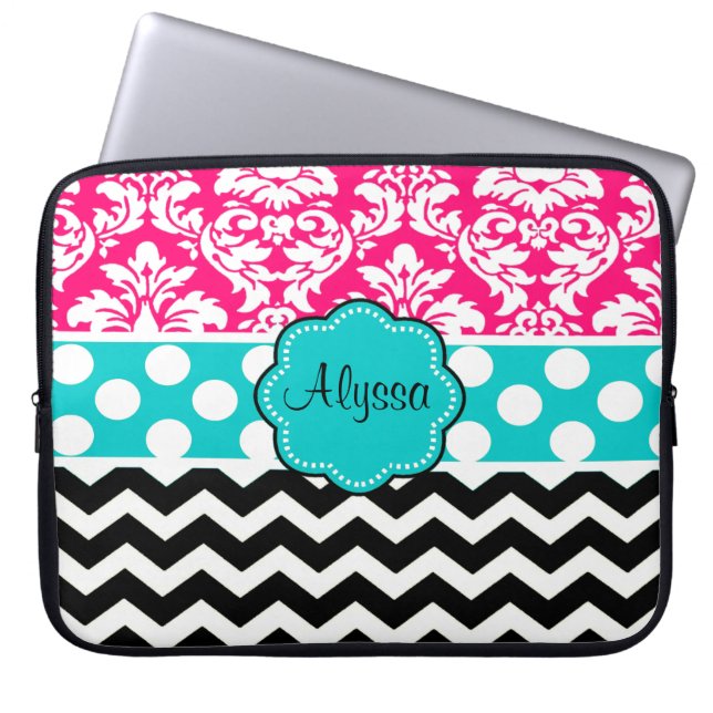 Pink Black Dot Damask Chevron Personalised Laptop Sleeve (Front)