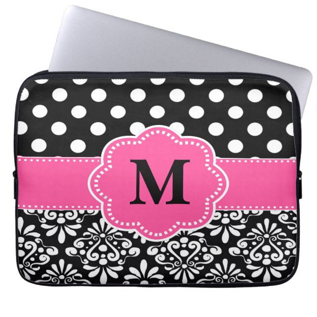 Pink Black Dots Damask Monogram Laptop Sleeve (Front)