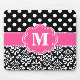 Pink Black Dots Damask Monogram Mouse Pad. Mat