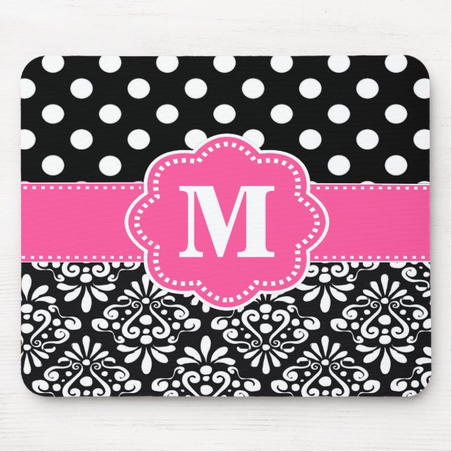 Pink Black Dots Damask Monogram Mouse Pad. Mouse Mat (Front)
