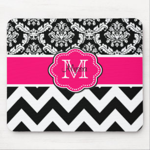 Pink Black Dots Damask Personalised Mousepad