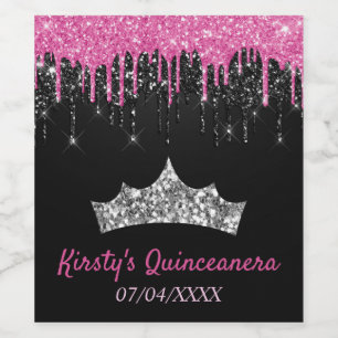 Pink Black Dripping Glitter Tiara Quinceanera Wine Label