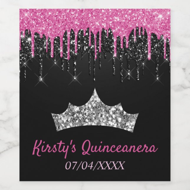 Pink Black Dripping Glitter Tiara Quinceanera Wine Label (Single Label)