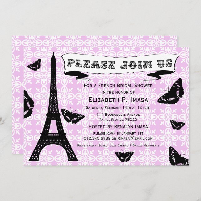 Pink & Black Eiffel Tower Bridal Shower Invites (Front/Back)