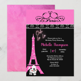 Pink Black Eiffel Tower Paris France Birthday Invitation